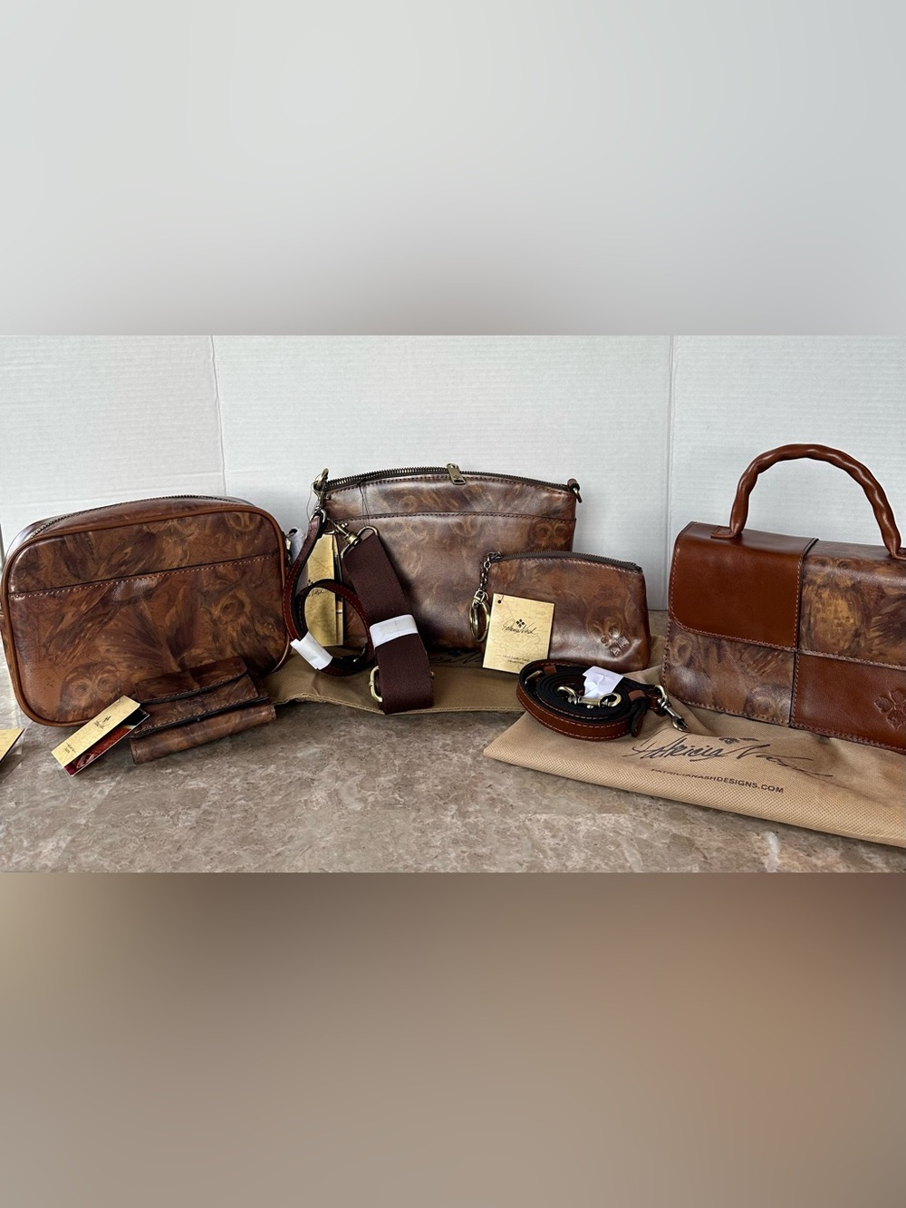 Rare Patricia Nash 5 Pc Leather Owl Print HandBag Lot  Satchel Crossbody Wallet